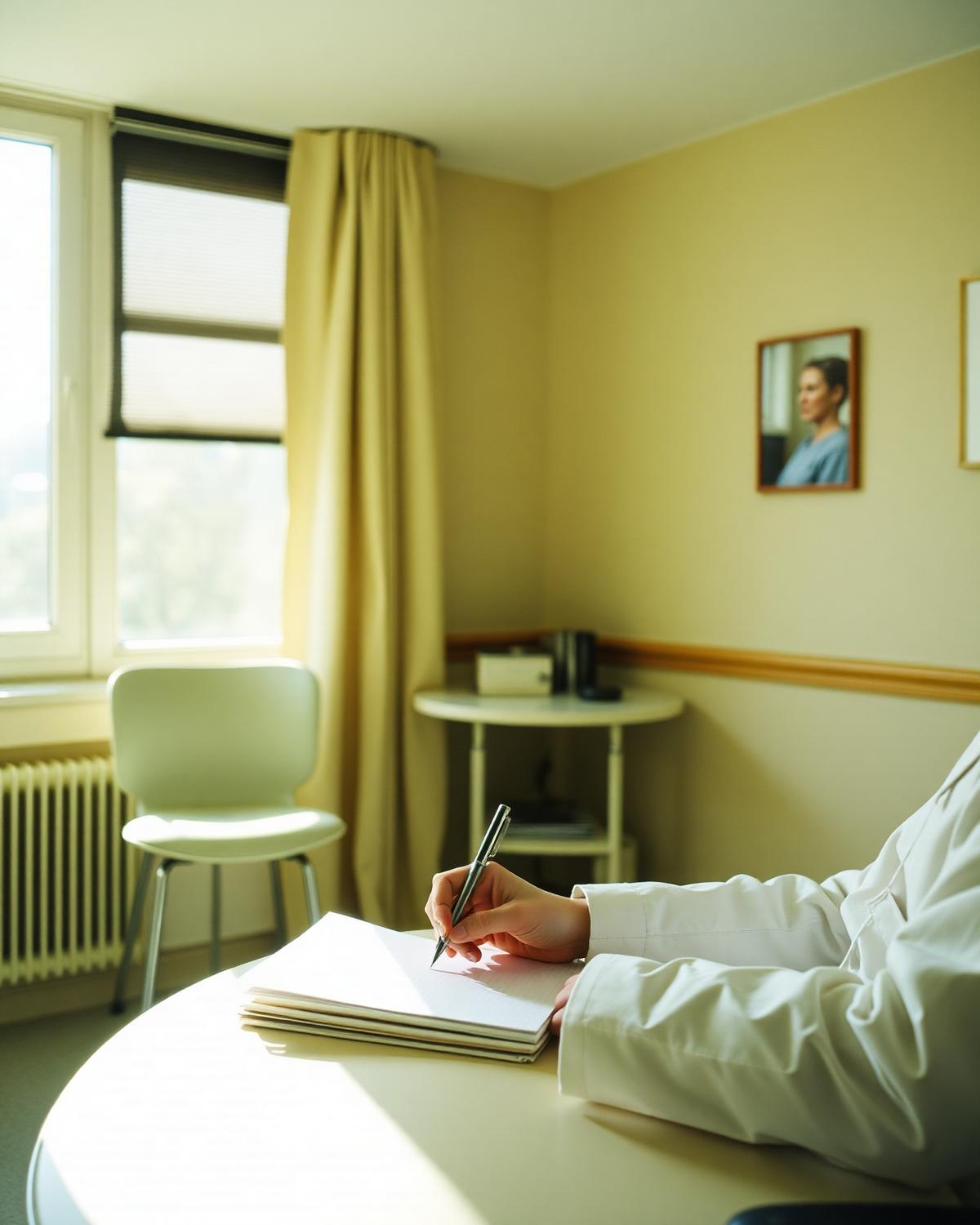 Sunlit consultation room with a clinician writing notes